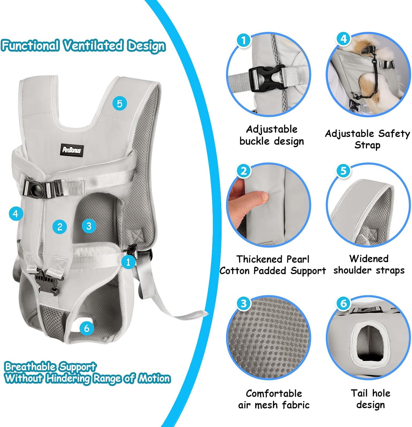 PetBonus Pet Front Dog Carrier Backpacks, Adjustable Pet Backpack, Legs Out Easy-fit Puppy Chest Carrier for Medium Small Dogs, Hands Free for Hiking, Cycling (Grey, M)